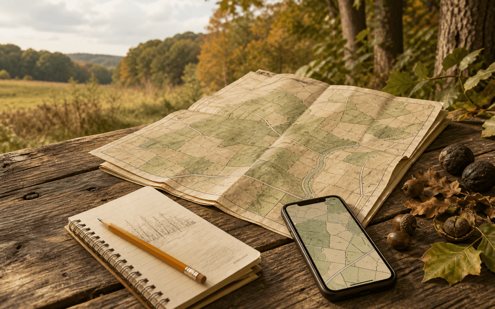 Parcel map, field notebook, and native nuts for landowner research